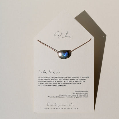 labradorite necklace on display card with stone meaning text