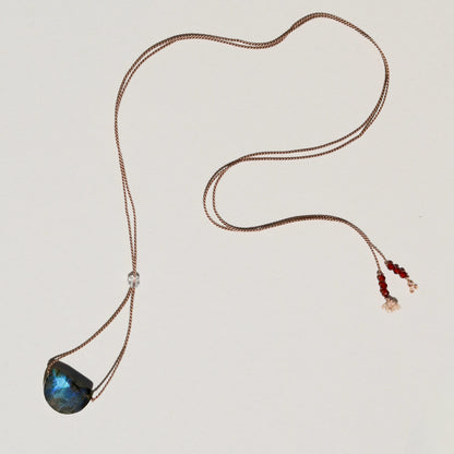 labradorite necklace with adjustable silk cord laid flat