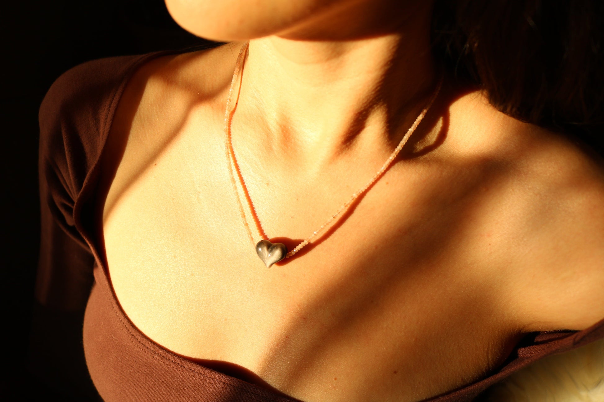 SILVER SHEEN OBSIDIAN HEART + PEACH MOONSTONE OM NECKLACE Vibe Necklaces