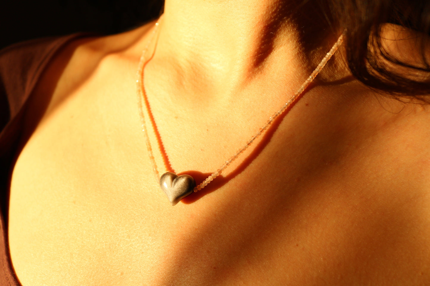 SILVER SHEEN OBSIDIAN HEART + PEACH MOONSTONE OM NECKLACE Vibe Necklaces